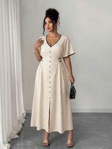 Elenzga Plus Size Women Elegant Lady Fashion Versatile Casual V-Neck Front Button Waist Tie Contrast Color Dress - Apricot - View 6