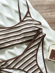 Swim Mod 条纹纹理面料可调节肩带女士比基尼套装，两件式泳衣，适合海滩、海岛、度假、运动、休闲等场合，百搭实用，适合春夏穿着，青少年女孩适用。 - 咖啡棕 - 查看 3