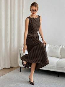 Siren Gaze Women's Striped Round Neck Sleeveless Dress - Coffee Brown - View 5