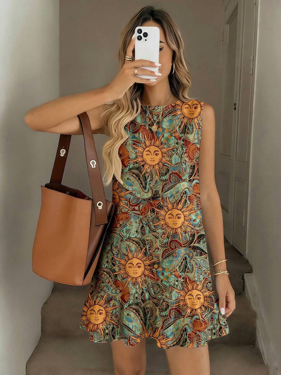 Easowa Vestido mini estampado para mujer, adecuado para primavera y verano - Multicolor - Ver 1
