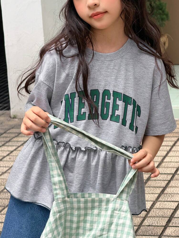 Girls' Crew Neck Letter Print Patchwork Design T-Shirt, Plus Size