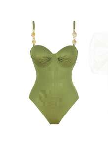 Swim Oasis 女士高级两件式泳衣套装，度假风椰树印花，采用树脂石和金属扣装饰的精美面料，一件式高级套装 - 綠色 - 查看 11