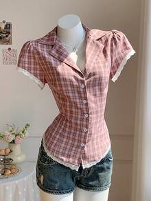 SHEIN Comfortcana Áo sơ mi nữ cổ bẻ cài cúc phía trước kẻ caro kiểu dáng thường ngày, thích hợp cho mùa hè. - Hồng - Xem 3