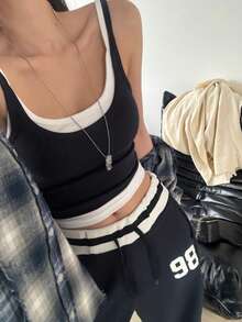女士撞色吊带背心和裤子两件套家居服套装 - 藏蓝色 - 查看 3