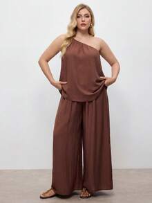 Maija Plus Size Brown Summer Casual Business Vacation Linen 2 Piece Set For Women, Sleeveless One Shoulder Top And Wide Leg Pants Outfits Gym - Rust Brown - View 3
