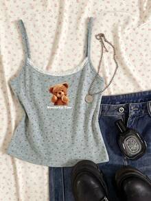 CovetEZ Grey Casual Women's Bear Print Lace Patchwork Camisole Top - Grey - View 1
