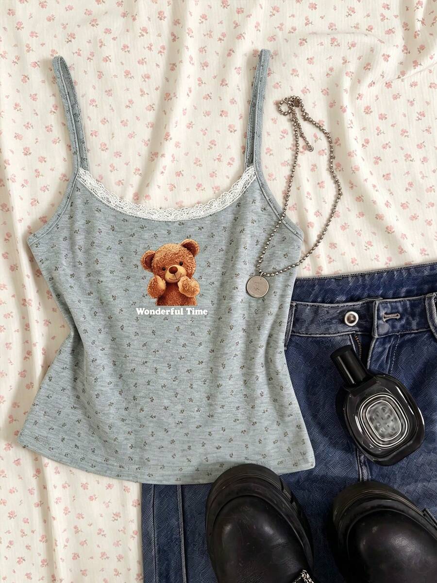CovetEZ Grey Casual Women's Bear Print Lace Patchwork Camisole Top - Grey - View 1
