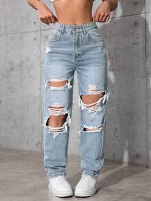 SHEIN ICON 大码女式夏季牛仔风破洞牛仔裤 - 藍色 - 查看 6
