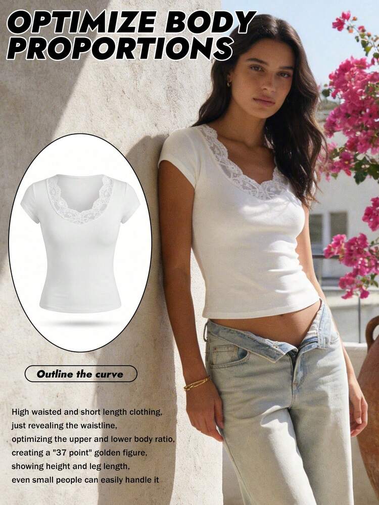 Women's V-Neck Lace Patchwork Slim Fit Short Sleeve Casual Sexy T-Shirt, Summer Y2k