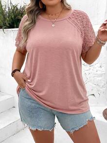 SHEIN CURVE+ Plus Size Color Block Lace Splicing Short Sleeve T-Shirt, Suitable For Beach Vacation In Summer Boho Vacation - Dusty Pink - View 3