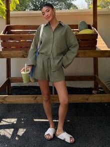 Muchica Conjunto de Camisa Trançada Branca e Shorts Casuais de Verão para Mulheres - Verde Militar - Visão 6