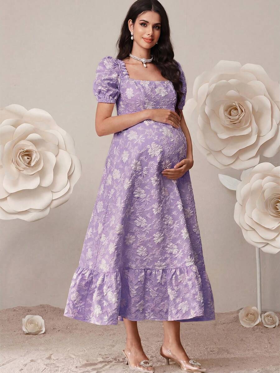 SHEIN 孕妇提花方领花瓣袖优雅连衣裙 - 紫色 - 查看 1