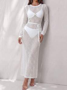 Glamine Vestido de suéter largo con escote calado y manga larga, sexy y elegante para mujeres - Beis - Ver 6