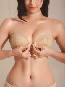 DelicateAllure 女士对比色蕾丝前扣无肩带胸罩 - 米色 - 查看 1