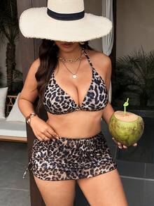 Swim SXY Conjunto de 3 peças com estampa de leopardo, roupa de praia plus size, Maiô Bikini e maiô 2026 novos - Castanho - Visão 6