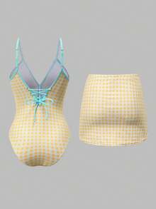SHEIN Swim Mod Women's Retro Plaid Blue Matching Minidress One-Piece Swimsuit, Suitable For Vacation - Yellow - View 2