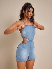SHEIN EZwear Combinaison en jean sexy et polyvalente pour femmes avec décolleté ras-du-cou et liens - Jean clair - Voir 4