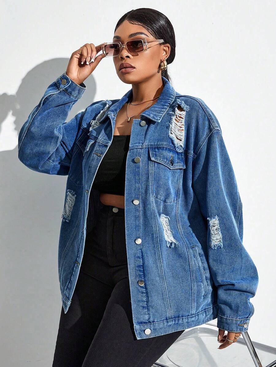 Denim Jacke mit Riss, Pattentasche, - Blau - Übersicht 1
