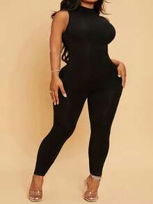 SHEIN SXY Plus Size Summer Sleeveless Tight Jumpsuit, Casual & Minimalist - Black - View 6
