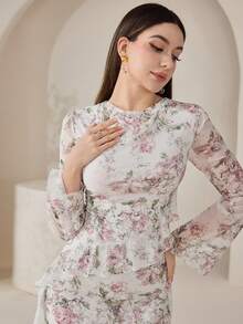 Veilorie 女士印花长袖系腰修身优雅阿拉伯连衣裙 - 白色 - 查看 6