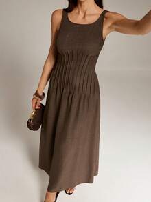 SHEIN Tall Summer New Style Waist Ruched Cinched Waist A-Line Long Dress For Women Brown Casual Brown - Brown - View 4