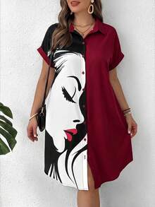SHEIN LUNE Collared Portrait Red Lip Side Face Button Accent Short Sleeve Plus Size Dress - Multicolor - View 4