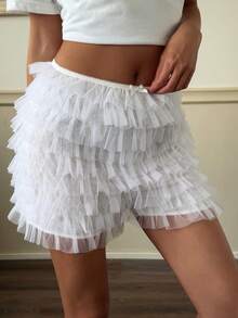 DAZY White Mesh Layered Puff Shorts For Women Summer Date Night Party Cute Fairy - White - View 3