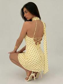 Aloruh Women's Polka Dot Pattern Sleeveless Mini Dress,Summer Dresses For Women - Light Yellow - View 2