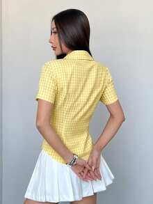 Flirla Áo polo tay ngắn nữ kiểu Hồng Kông cổ điển, thắt eo, họa tiết kẻ caro, dễ phối đồ, thích hợp cho mùa xuân/hè. - Màu vàng - Xem 2