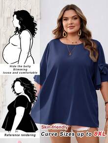 SHEIN CURVE+ Áo sơ mi nữ màu hồng cánh sen cổ tròn trang trí nơ, cỡ US22, phong cách Bohemia, thích hợp cho lễ hội âm nhạc, kỳ nghỉ bên bờ biển, mùa hè. - Màu xanh hải quân - Xem 1