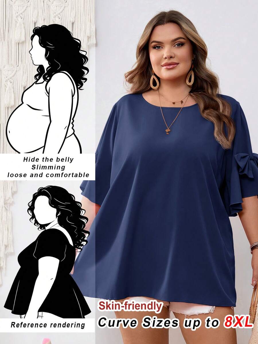 SHEIN CURVE+ Áo sơ mi nữ màu hồng cánh sen cổ tròn trang trí nơ, cỡ US22, phong cách Bohemia, thích hợp cho lễ hội âm nhạc, kỳ nghỉ bên bờ biển, mùa hè. - Màu xanh hải quân - Xem 1