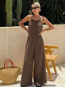 Women's Linen Style Spaghetti Strap Jumpsuit, Solid Color Vacation Cold Shoulder Outfit - Coffee Brown - View 6
