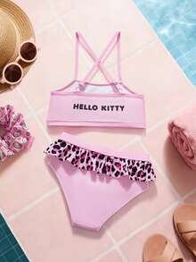 HELLO KITTY AND FRIENDS | SHEIN 少女卡通豹纹比基尼泳装 - 粉色 - 查看 2