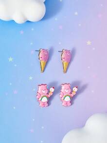 SHEIN X Care Bears New Creative Cartoon Cute Bear Dripping Oil Exquisite Stud Earrings, IP Joint Design, Cute Personalized, Simple And Generous - Pink - View 3