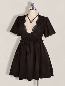 SHEIN ICON Plus Size Women's Lace Patchwork Ruffle Sleeve Front Tie Dress - Brown - View 7