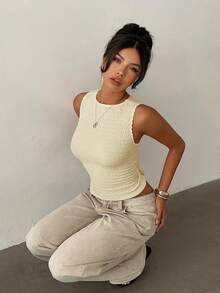Aloruh Áo croptop nữ cổ tròn không tay, chất liệu dệt kim, màu trắng trơn, kiểu dáng thường ngày. - Màu be - Xem 6