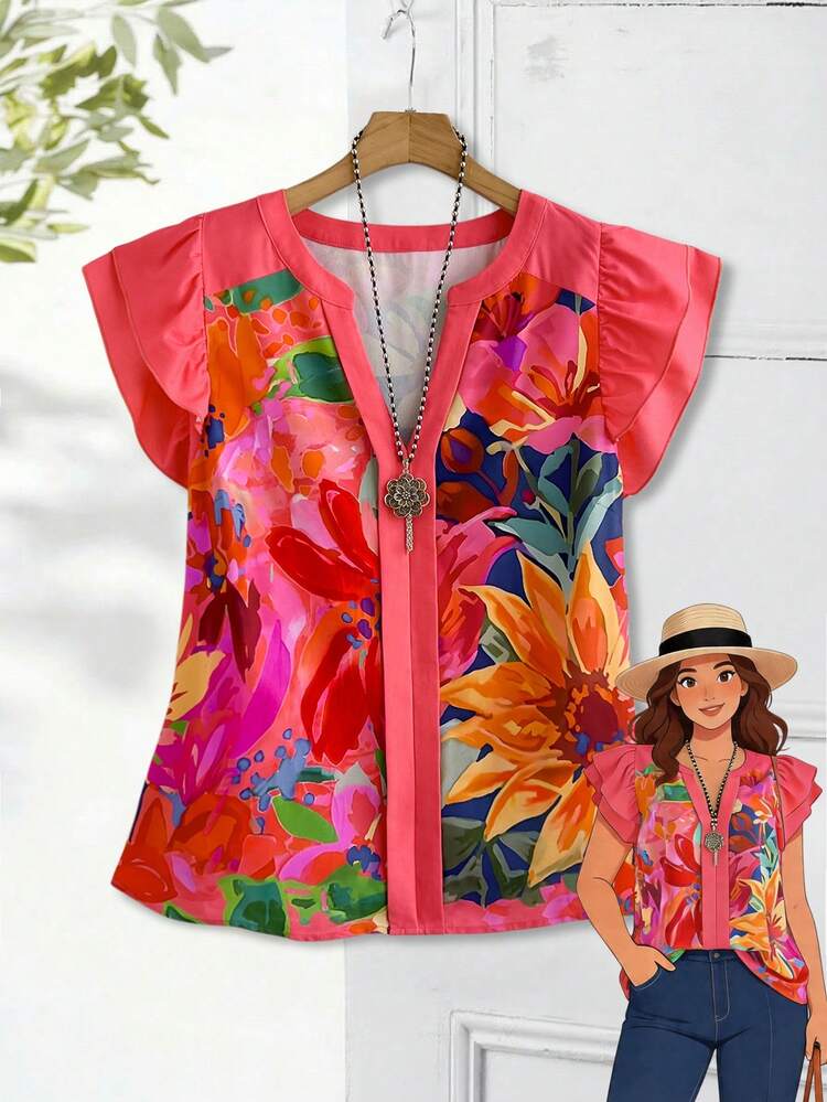 Plus Size Women's Summer Casual Vacation Country  Floral Print Patchwork Double Ruffle Sleeve Short Sleeve Shirt Blouse Top,Suitable For Summer, Vacation, Daily Wear, Festival Outfits For Women,Beach Outfits For Women,Gifts For Mother,Boho Top,Mothers Day Outfit, Colorful Floral Shirt, Ruffle Sleeve Blouse, Bohemian Style Top, V-Neck Floral Print Top,Summer Outfits For Women,Summer Holiday,Vacation Outfits Women,Simple And Fashionable For Everyday Wear,Casual Holiday Style,Summer Outfits For Women ,Vacation Outfits Women ,Holiday Outfits For Women,Going Out Outfits, New Clothes,Simple And Fashionable For Everyday Wear,Suitable For Summer, Vacation, Daily Wear, Festival Outfits For Women,Country Concert Outfit,Beach Outfits For Women,Western Style,,Gifts For Mother,Boho Top,Blouse Top Shirt