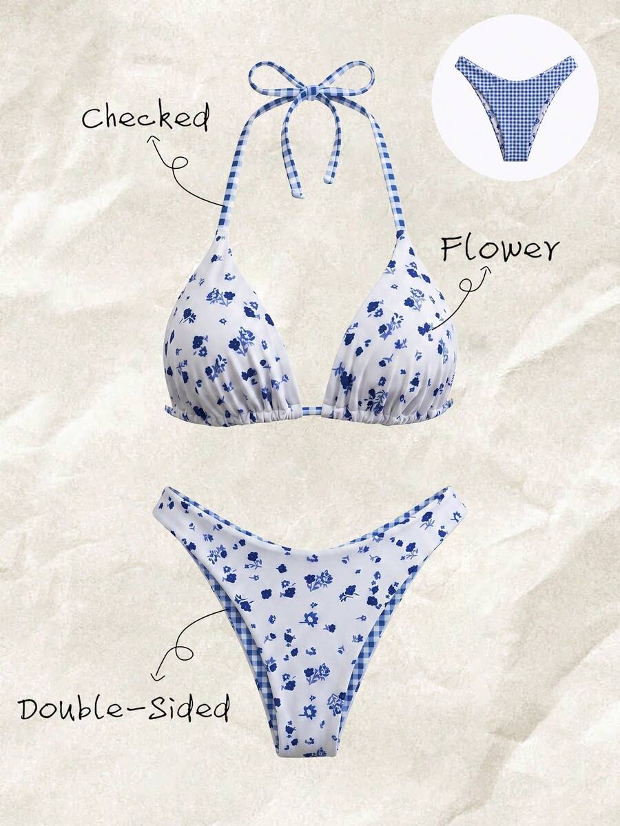Swim Mod 女款白色與藍色花卉掛脖比基尼套裝,雙面格紋圖案夏季泳衣,優雅兩件式比基尼套裝,適合度假與泳池派對 - 彩色 - 查看 1