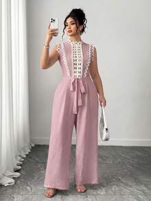 SHEIN Clasi Plus Size Women New Elegant Casual Minimalist Contrast Lace Jumpsuit For Vacation - Dusty Pink - View 1