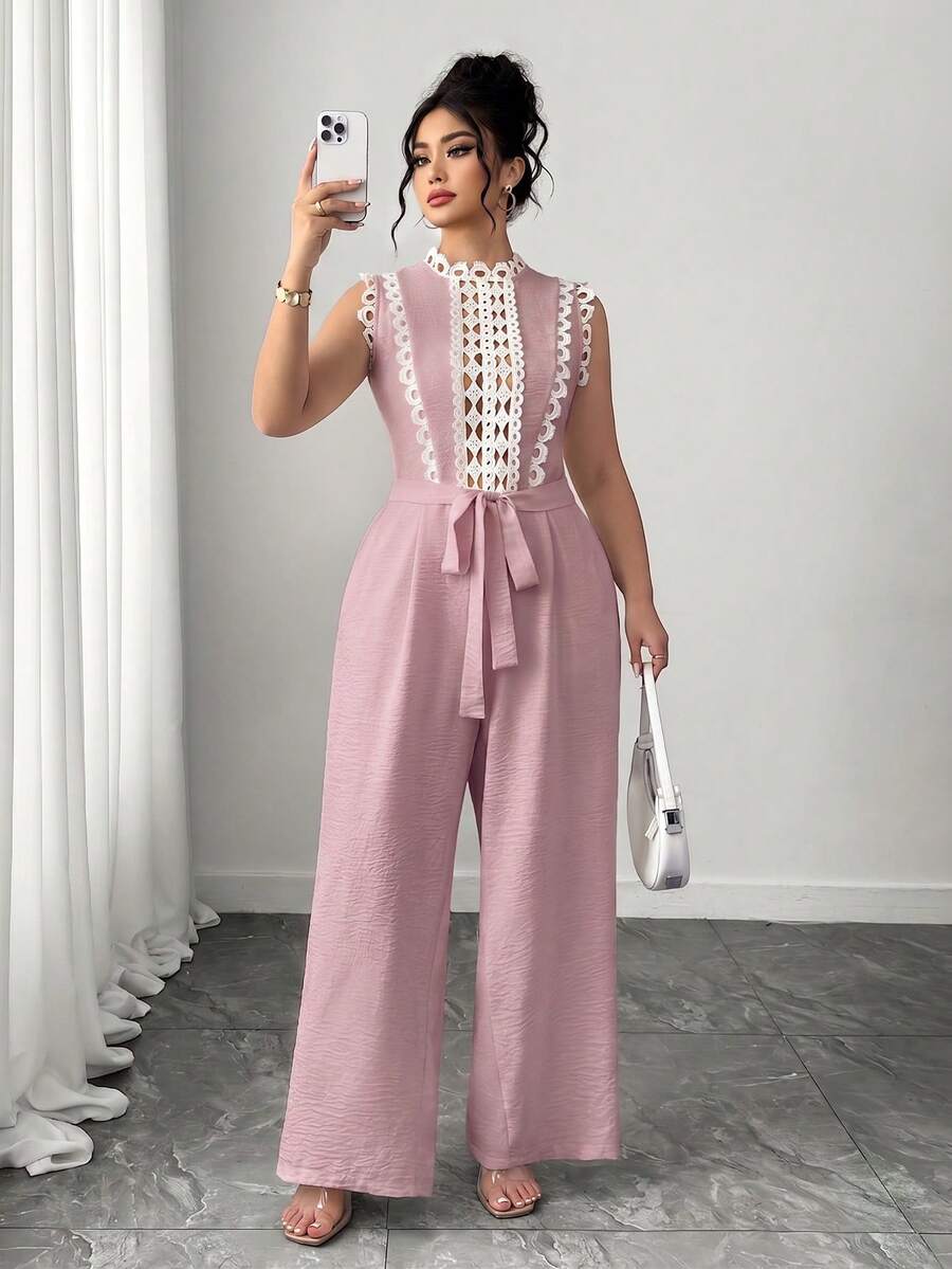 SHEIN Clasi Plus Size Women New Elegant Casual Minimalist Contrast Lace Jumpsuit For Vacation - Dusty Pink - View 1