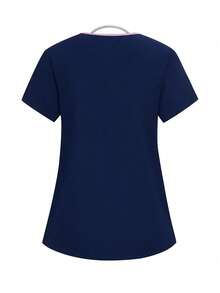 TaskEZ Solid Color Patchwork V-Neck Short Sleeve Top And Pants Scrub Uniform Set - Navy Blue - View 4