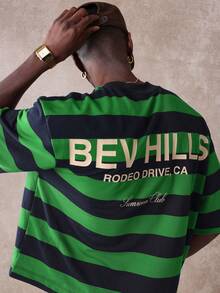 Retro Beverly Hills Athletic Club Summer Streetwear Tee Striped Oversized Graphic Rodeo Drive Collection Leisure Casual Classic Comfort - Green - View 1