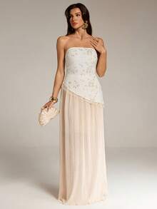 SHEIN Tall 女士春季优雅情人节刺绣纹理面料不对称下摆褶皱A字连衣裙，浪漫度假、音乐节、日常穿着、夏季 - 杏色 - 查看 5