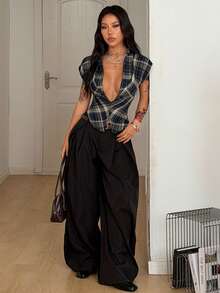 Coolane 女士春季时尚街头风 Y2K 返校休闲音乐会套装格子 V 领翻领短衬衫 - 藍色 - 查看 2