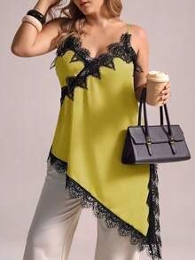 Elegantrix Plus Size Women Urban Casual Lace Asymmetric Hem V-Neck Patchwork Solid Color Camisole - Yellow - View 1