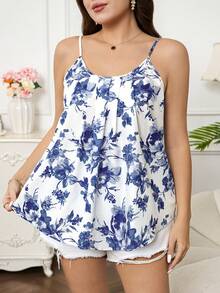 Reflora Plus Size Women Floral Print Ruched Camisole Top,Blue And White Boho Summer Vacation Holiday Beach Outfits,Elegant Casual Blouses For Ladies - Blue - View 7
