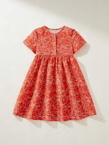 Maija Kids Maija Kids 1件儿童/少女优雅休闲度假宽松橙色碎花短袖圆领连衣裙，适合日常穿着、聚会、外出、度假、春夏季节。 - 橘色 - 查看 2