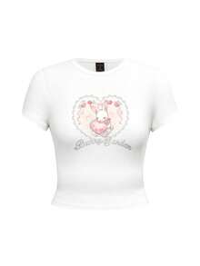 ROMWE Kawaii Cute Rabbit & Strawberry Print Lace Heart Decor Sexy Short Sleeve T-Shirt, Pastoral Style For Spring/Summer - White - View 1