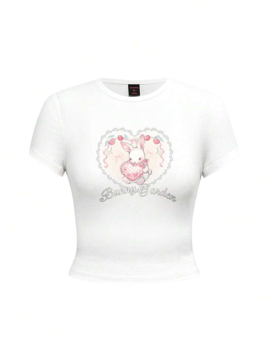 ROMWE Kawaii Cute Rabbit & Strawberry Print Lace Heart Decor Sexy Short Sleeve T-Shirt, Pastoral Style For Spring/Summer - White - View 1