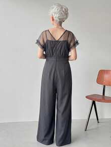 FRIFUL Women's Mesh Patchwork Pocket Wide Leg Jumpsuit Lounge Sets For Women Summer Jumpsuits For Women Golf Pastal Sexy - Grey - View 2